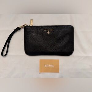 Michael Kors Black Pebbled Leather Zip Wristlet with Gold Hardware